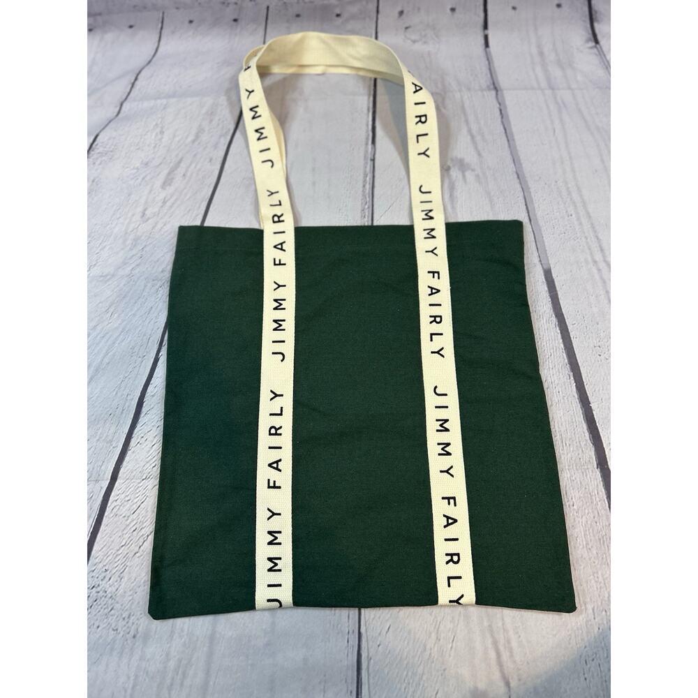 Jimmy Fairly Tote Bag Green Canvas White Logo Straps Reusable Tote 17" x 17" - Picture 2 of 5